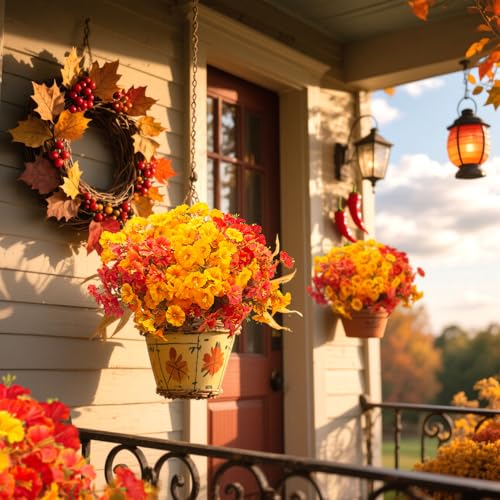 Grunyia 16 PCS Outdoor Fall Artificial Flower - Autumn Thanksgiving Halloween Porch Decor, Faux UV-Resistant Plants for Front Door, Wall, Fence, Fireplace Mantel Decorations - color: Fall Mix