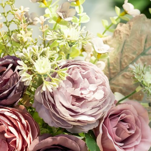 LESING Fake Artificial Flowers with Vase Faux Silk Flower Bouquet in Glass Vase Rose Floral Arrangements Flower for Home Office Decoration, Dining Table Centerpiece (Purple) - color: Purple
