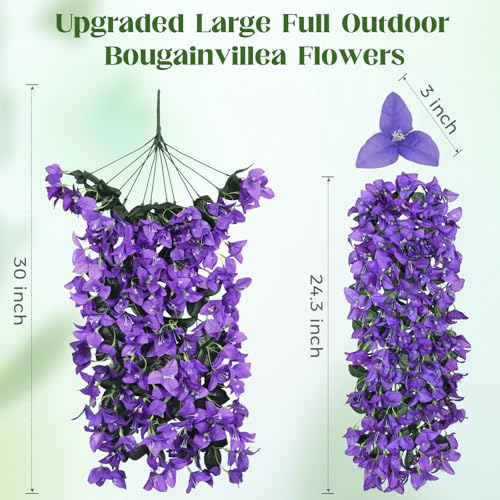 2 Pcs UV Resistant Artificial Flowers for Outdoors, Realistic Faux Silk Bougainvillea Flowers, Fake Hanging Plants for Porch Patio Balcony Decoration (Dark Purple) - color: Dark Purple, size: 2 Pcs