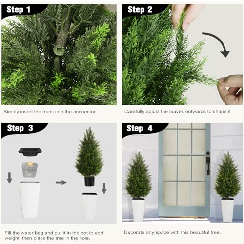 4FT Tall Artificial Cedar Topiary Tree with Compact Pyramidal Shape, Realistic Faux Cypress in Square White Pot with Fillable Water Bag, Outdoor Evergreen for Front Porch Garden Home Decor - color: White-pyramid Topiary, size: 4ft-1pack