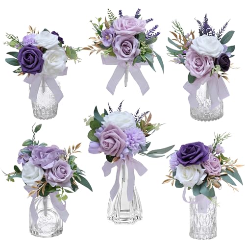 Marriwise Set of 6 Purple Assorted Wedding Flower Centerpieces Pre-Made Mini Bridesmaid Bouquets Artificial Floral Lavender Table Decor for Wedding Decorations Shower Home Decor (Purple) - color: Purple
