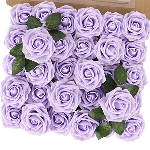 MACTING Artificial Lavender Flowers 30PCS Real Touch Fake Flowers with Stem Soft Foam Roses DIY Wedding Bouquet Boutonniere Table Centerpieces Party Summer Home Decorations - color: Lavender-1, size: 30PCS