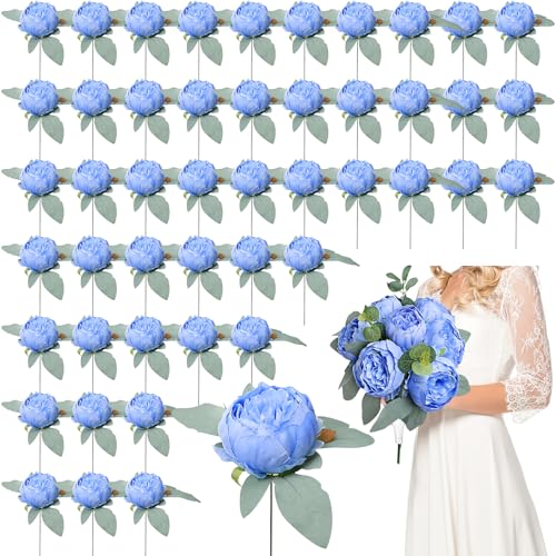 50Pcs Artificial Peonies Flowers Bulk, 4’’ Blue Peonies Fake Flowers Heads for Table, Faux Silk Peony Arrangements for Wedding, Engagement, Party, Coffee, Dining Decorations(Blue) - color: Blue
