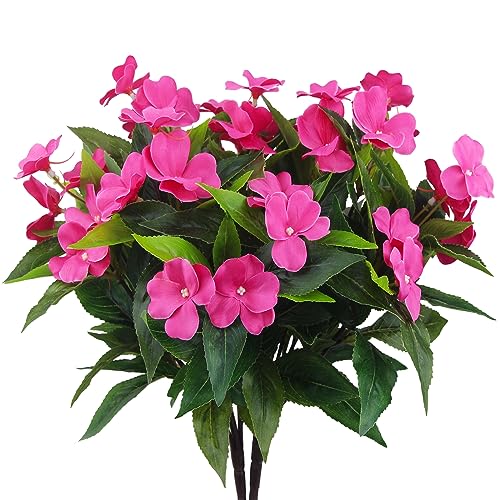 2 Branches Artificial Impatiens Flowers for Outdoors - Faux Bushes Rose Red Silk Flowers Greenery Bouquet for Patio Lawn Garden Pot Hanging Basket Porch Decoration - color: Rose Red