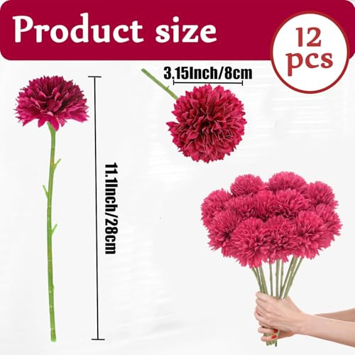 Tinsow 12Pcs Artificial Chrysanthemum Flowers Faux Bright Red Ball Flowers Burgundy Fall for Christmas Autumn Farmhouse Home Decoration (12,Bright Red) - color: Bright Red