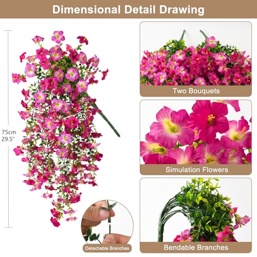 Artificial Hanging Flowers Plants for Outdoor Spring Summer Decoration, 2PCS Faux Silk Morning glory UV Resistant Look Real for Outside Home Indoor Planter Porch Garden Yard Decor(Purple Red Pink) - color: Purple Red Pink