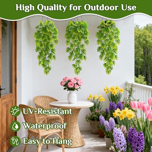 RAINFLOW 3PCS Fake Hanging Plants - 27.5" Uv Resistant Artificial Monstera Vines with 69 Ivy Leaves, Faux Monstera Plant for Wall Shelf Room Patio Garden Wedding Hawaiian Jungle Themed Party Decro - size: 27.5"