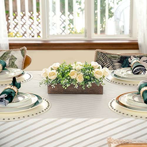 Dahey Centerpiece Table Decorations for Dining Room Farmhouse Table Centerpieces Decor Wood Tray with 3 Artificial Flowers and 2 Eucalyptus for Living Room Kitchen Table, 14.1" x 4.7" x 3.1" - color: Champagne