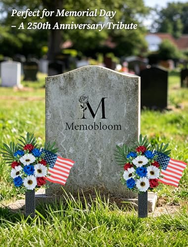 Memorial Day Flowers for Cemetery: 2 Pcs 4th of July Outdoor Grave 250th Anniversary USA Decorations - Fathers Day Cemetery Flowers for Grave Vase - Patriotic Artificial Red White Blue Roses - color: Red & White & Blue