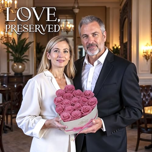 GLAMOUR BOUTIQUE Preserved Roses in a Box - Gifts for Her, Wife & Mom, Rose Flowers Forever Decor for Birthday Gift, Get Well Flower Bouquet Cased in White Box with Cover - Pink - 16 (Color-Treated) - color: Pink, size: 16 Roses Heart Box