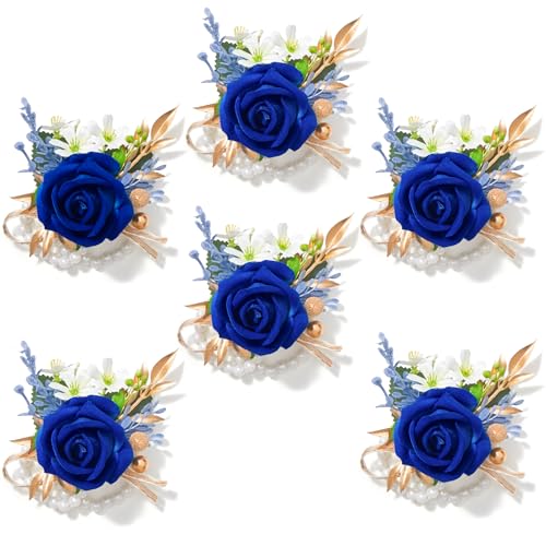 Serwalin 6 PCS Royal Blue Wrist Corsage for Wedding, Artificial Silk Rose Flower Corsage Wristlet Décor for Prom Homecoming Party, Prom Corsage for Bride Bridesmaids Mothers of the Bride and Groom - color: Royal Blue, size: Corsage 6pcs