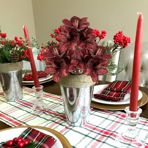 Briful Amaryllis Artificial Christmas Flower Stems, 19.7" Burgundy Glitter Faux Amaryllis with Detachable Heads for Xmas Home Party Wedding Bouquet Vase Arrangement Decor - color: Burgundy