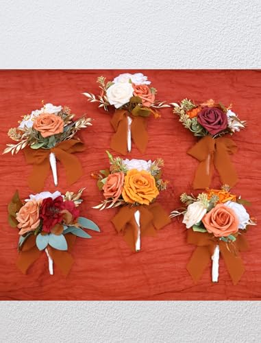 Marriwise Set of 6 Assorted Wedding Flower Centerpieces Pre-Made Mini Bridesmaid Bouquets Artificial Flower Terracotta Table Decor for Fall Wedding Decorations Shower Home Decor - color: Burnt Orange