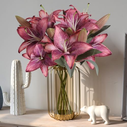 Fake Flowers Pink Silk Lily Flowers 6PCS Realistic Pink Flowers Artificial Lilies Vintage Tiger Lily Artificial Flowers for Vase for Wedding Bouquet Bridal Shower Party Home Decor - color: 6pcs-pink