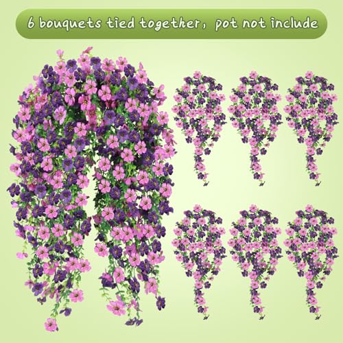 Artificial Hanging Flowers for Outdoors, 6PCS Faux Silk Artificial Flowers for Outdoors, UV Resistant Fake Flowers, No Fade Trailing Greenery, Decor for Home Porch Patio Balcony Garden Yard - color: Double Purple