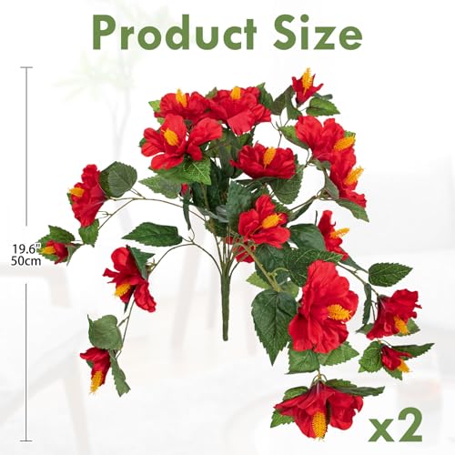 Briful 2PCS Artificial Hibiscus Flowers, 19.6in Tropical Faux Hibiscus Stems with Cascading Branches, Red Hibiscus Bouquet for Vase, Hanging Basket, Porch, Wedding, Party, Indoor Outdoor Decor - color: Red#940