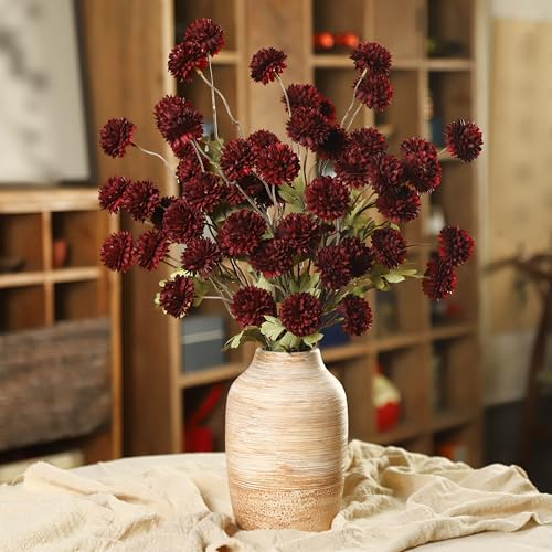 DuHouse 6pcs Artificial Flowers Faux Silk Pompon Mum,Silk Small Mini Chrysanthemum Ball with Stems for DIY Wedding Bouquets Centerpieces Vase Home Table Kitchen Decorations(Burgundy) - color: Burgundy, size: 6pcs