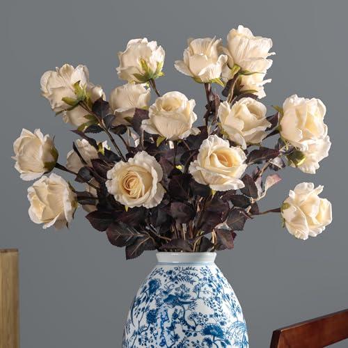 Artificial Flowers Artificial Roses 23.2In Fake Roses Long Stem Artificial Flowers for Tall Vase Silk Rose Suitable for Indoor Decor Wedding Party Decor DIY Bouquet Autumn (Milky White，20PCS) - color: Milky White