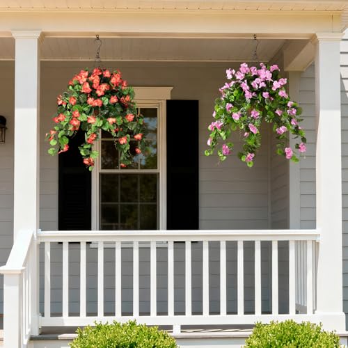 INQCMY Artificial Hanging Flowers Fake Plants for Outdoor Spring Decoration, 2Pcs Realistic Faux Flowers Silk Begonia UV Resistant No Fade for Home Garden Porch Patio Yard Basket(Orange) - color: Orange