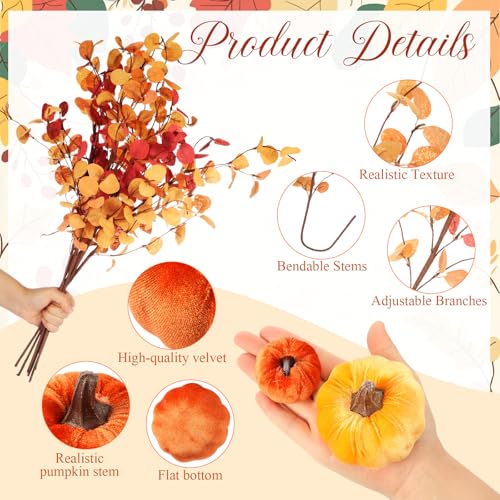 Conelist 24 Pcs Fall Mini Velvet Pumpkin 6 Pcs Autumn Artificial Eucalyptus Stem with Eucalyptus Leaves Artificial Small Pumpkin for Farmhouse Harvest Thanksgiving Party Home Decoration