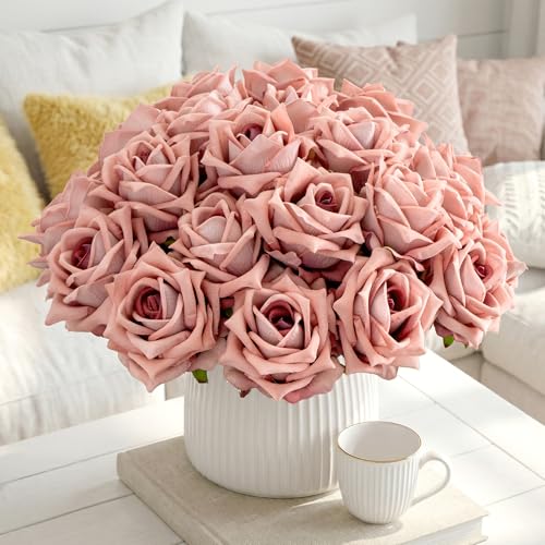 Ttranewsoo Fake Roses Faux Flowers Silk Roses 16.5In Artificial Roses with Stems Realistic Artificial Flowers Suitable for Indoor Home Decor DIY Bouquet Wedding Decor Party Decor 24PCS (Pink Purple) - color: Pink Purple 24pcs