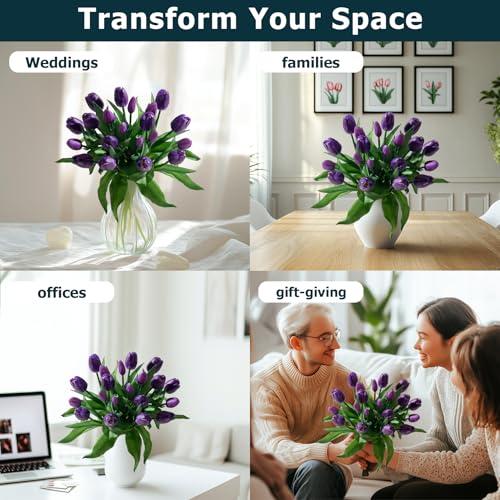 Bailikang 20PCS Fake Tulips 12' Artificial Tulip Silk Flowers Fake PU Bouquet Artificial Flowers Faux Flowers with Gift Box Soft Faux Tulips Bouquets Arrangements for Party Wedding Home - color: Light Purple