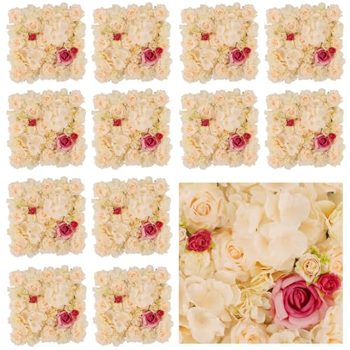 3D Flower Wall Backdrop - 12Pcs 15×15 Inch Artificial Rose Panels Champagne & Red Silk Floral Decor for Home Party Wedding Anniversary Birthday Photographic Studio Background & Decorative Fences - color: Champagne and Red, size: 12PCS-15x15