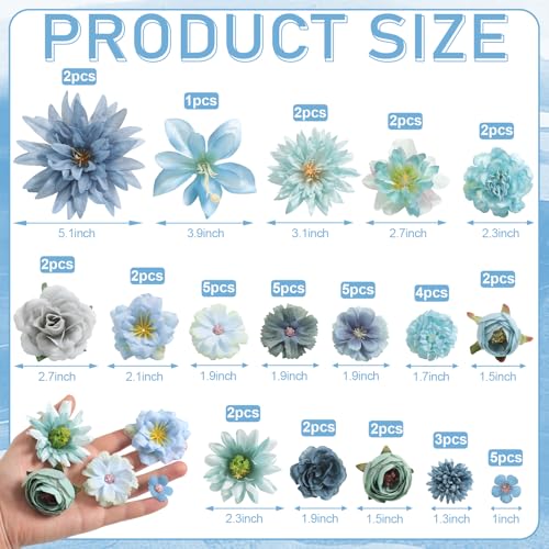 Artificial Flowers Heads Combo Blue Flowers Mix Silk Flowers Heads Bulk Faux Rose for Craft Garland Graduation Cap Wedding Bridal Baby Shower Home Party Decoration DIY Cake Decor - color: Blue