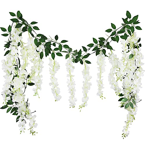 CISDUEO 2 Pcs Wisteria Hanging Flowers Wisteria Flowers Vine Garland Wedding Arch Decoration White Artificial Wisteria Vines Hanging Flower Vines Silk for Party Garden Home Table Backdrop 6 Feet - color: White