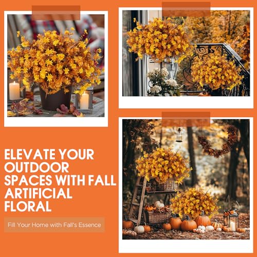 36pcs Fall Fake Flowers for Outdoor Realistic Artificial Flowers for Outdoor UV Resistant Faux Mums Plastic Autumn Flowers No Easy Fade Fall Thanksgiving Fall Flowers for Porch ＆Planter - color: Yellow ＆ Orange ＆ Brown（with Fall Ferns）, size: 36 pcs