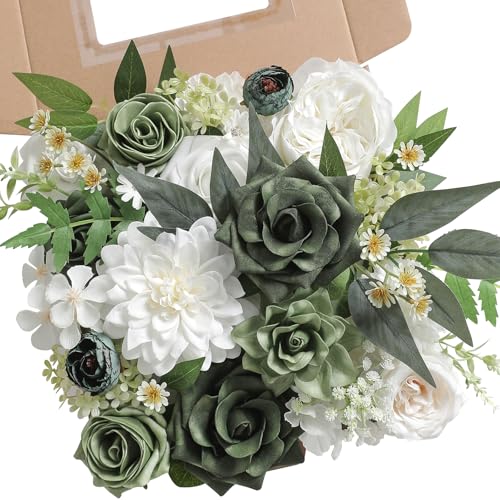 Forest Green Artificial Flowers Silk Fake Roses Peonies Greenery Combo Box Set for DIY Wedding Bouquets Bridal Shower Centerpieces Floral Arrangements Party Tables Home Decoration - color: White Dark Green