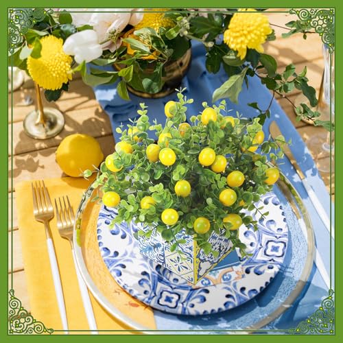 Giegxin Blue Tiles Lemon Table Centerpiece Decor Amalfi Coast Box Decorations with Artificial Lemon Branches for Capri Mediterranean Positano Wedding Birthday Party Decor(4 Sets)