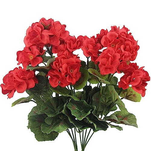 CISDUEO 2 Pcs Artificial Geranium Flowers for Outdoors Silk Flowers Outside UV Resistant Red Fake Geraniums Bush Faux Flowers for Planter Outdoor Decor Indoor Garden Patio Table Centerpiece - color: Red