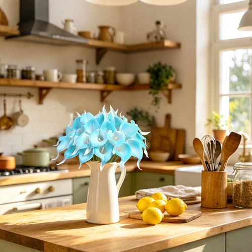 Artificial Calla Lily 12Pcs Real Touch Faux Flowers for Wedding Bouquet, Bride Bridal Shower, Spring Home Kitchen Table Decor, Fake Lilies for Centerpieces, Party Decorations (Peacock Blue) - color: Peacock Blue