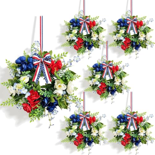 6 Pcs Small 4th of July Hanging Wreaths for Cabinets with Red Blue Artificial Mini Independence Day Pillar Candle Ring Wreath for Patriotic Independence Day Memorial Day Porch Front Door - color: Patriotic