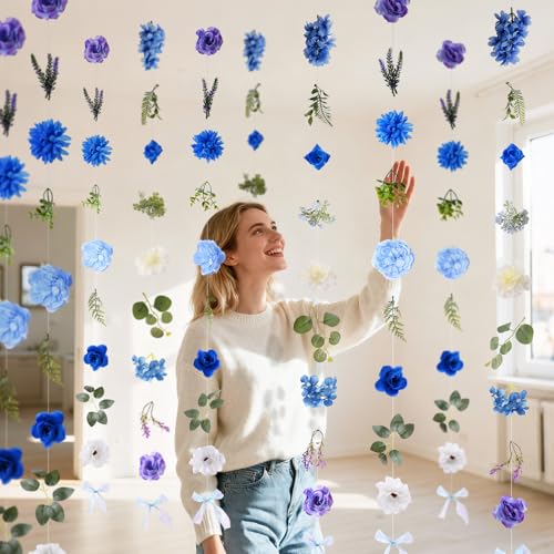 Livole 6Pcs 36Ft Hanging Flower Garland with Bow Wildflower Garlands Backdrop Silk Artificial Fake Floral Vines for Wedding Bridal Party Birthday Arch Wall Home Garden Decor(Blue) - color: Blue, size: 6Pcs