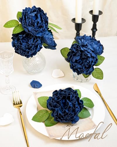 16pcs Navy Blue Artificial Peonies with Vintage Burnt Edge - Real Touch Foam Fake Peony Flowers with Stems & Leaves for DIY Wedding Bouquets, Centerpieces, Arch, Bridal Shower Decor - color: Navy Blue