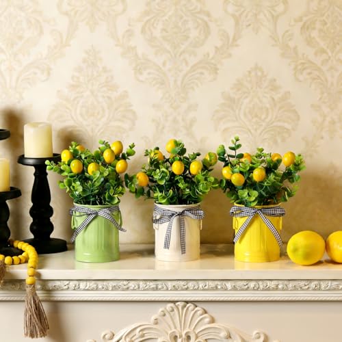 3 Pack Spring Lemon Decor for Kitchen, Artificial Lemons Branches with Colorful Metal Pots, Spring Summer Farmhouse Greenery Decoration for Home Kitchen Living Room - color: Lemons Branches + Pots