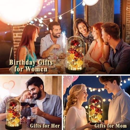Valentines Day Gifts for Her,Beauty and The Beast Rose Birthday Gift,Galaxy Flower Rose with 2 Light Modes,Colorful Crystal Flower Enchanted Rose in Glass Dome,Womens Gifts for Mom Wife Girlfriend - color: Red