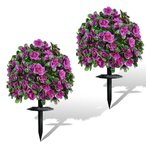 Artificial Flowers for Outdoors, Faux Outdoor Plants Fake Plants Topiary Balls Artificial Outdoor Set of 2 with Ground Spike for Home Front Porch Patio Garden Decor (Rose Purple) - color: Rose Purple