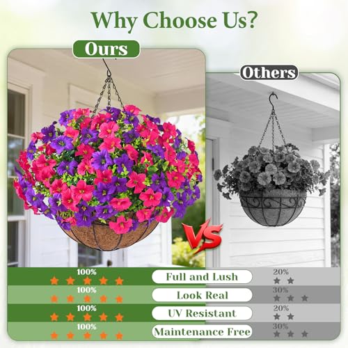 Realistic Artificial Hanging Flowers for Outdoors with Basket, 1 Set Large Size UV Resistant Artificial Outdoor Flowers, Full Faux Outdoor Flowers Fake Hanging Flowers for Porch, Front Door, Garden - color: Purple Red+purple, size: 1 Set