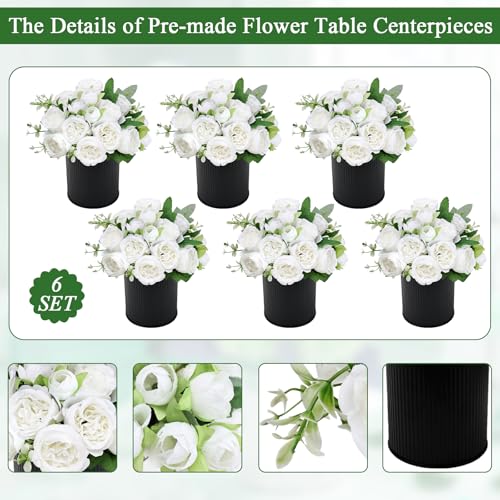 Pre-Made Flower Table Centerpieces, Set of 6 Artificial Silk Peonies with Black Vase for Wedding Reception, Modern Floral Decor for Birthday Party, Anniversary Ceremony - White - color: White