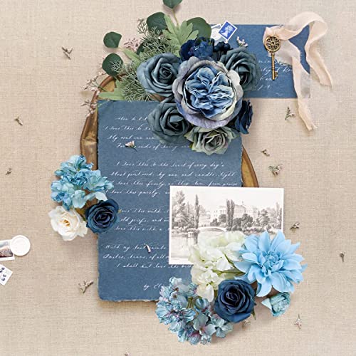 Kisflower Blue Flowers Artificial Combo Cake Flowers Decorations Fake Silk Roses Dahlia Peony Flowers Gift Box for DIY Wedding Bridal Bouquet Centerpieces Arrangements (Dusty Blue) - color: Dusty Blue