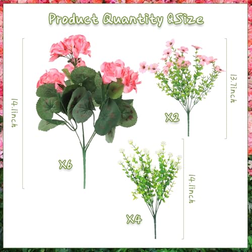 Olatay 12 Bundles Mixed Color Artificial Flowers for Outdoor, Artificial Geraniums Flowers for Outdoor, UV-Resistant Fake Geraniums for Porch, Balcony, Garden, Indoor Decoration (Pink) - color: Pink