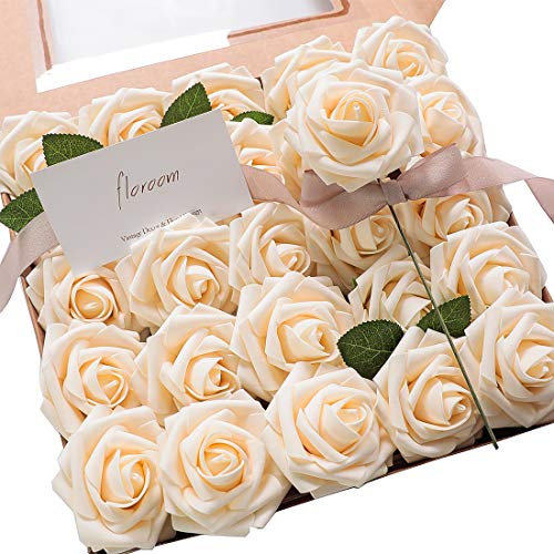Floroom Artificial Flowers 25pcs Real Looking Champagne Foam Fake Roses with Stems for DIY Wedding Bouquets Bridal Shower Centerpieces Floral Arrangements Party Tables Home Decorations - color: Champagne, size: 25Pcs