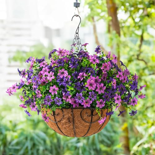 Artificial Flowers Hanging Baskets, Multicolor 12 Bundles Faux Flower Outdoor Hanging Basket Spring Summer Decoration, Fake Flowers Plants for Porch Patio Balcony Home Yard Decor(Two purples) - color: Two Shades of Purple