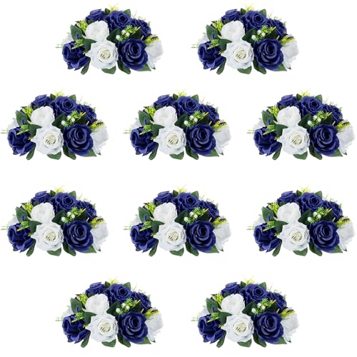 10Pcs Fake Flower Ball Arrangement Bouquet, 9.5" 15 Heads Plastic Roses with Base,Suitable for Parties Valentine's Day Wedding Centerpiece Flower Rack and Home Décor (Navy Blue & White) - color: Navy Blue & White