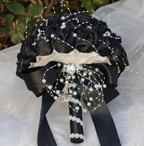 Ujicde Romantic Wedding Bouquet Bridal Bridesmaid Round Bling Brooch Bouquet Throw Toss Artificial Rose Flower Bunch with Sparkle Rhinestone Crystal Decoration(Black,Dia. 6.3"*16cm) - color: Black, size: Dia. 6.3"*16cm