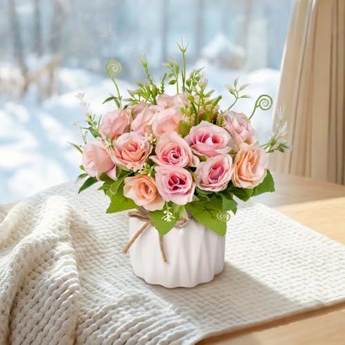 Fake Flowers with Vase,Pink Roses Artificial Flowers in Vase | Faux Flower Plant Arrangement,No Maintenance Faux Flower Arrangement, 6.3 Inch Realistic Table Decor for Home Office Wedding - color: Pink