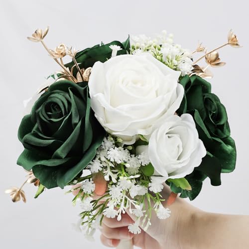 Wedding Bridesmaid Bouquets Set of 4, Artificial Silk Flowers Arrangement for Ceremony Marriage Proposal Party Anniversary Decorations - Emerald Green & Gold & White - color: Emerald Green & Gold & White, size: Set of 4 Bouquets